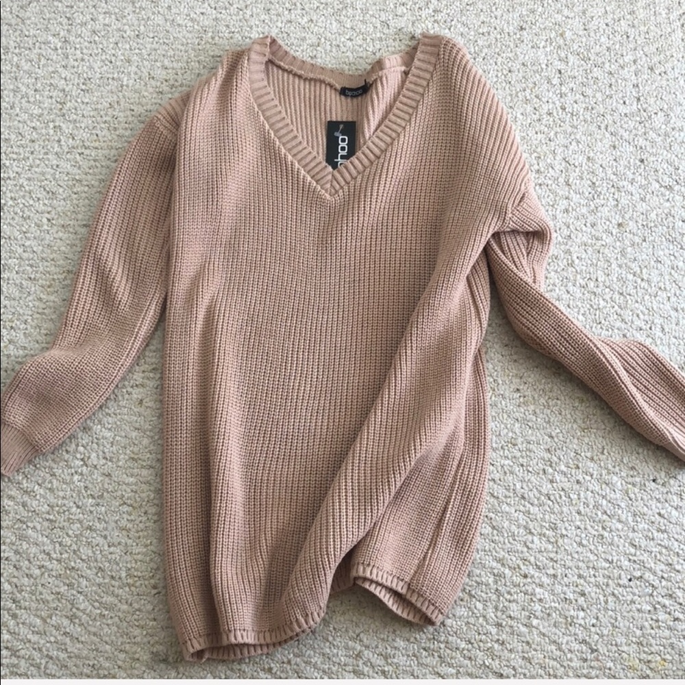 boohoo rib v-neck blush soft sweater dress